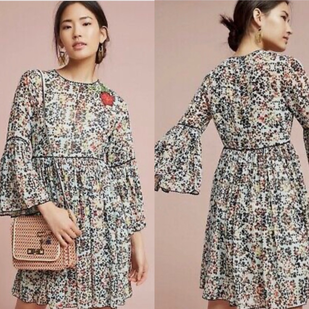 Anthropologie Bhanuni by JYOTI LIBRA Dress Ditsy Floral Bell Sleeve Boho Cute M